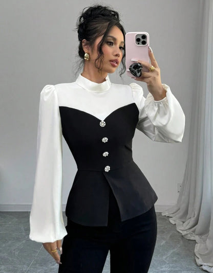 Shein Elenzga Contrast Color Standing Collar  fitted Women Shirt