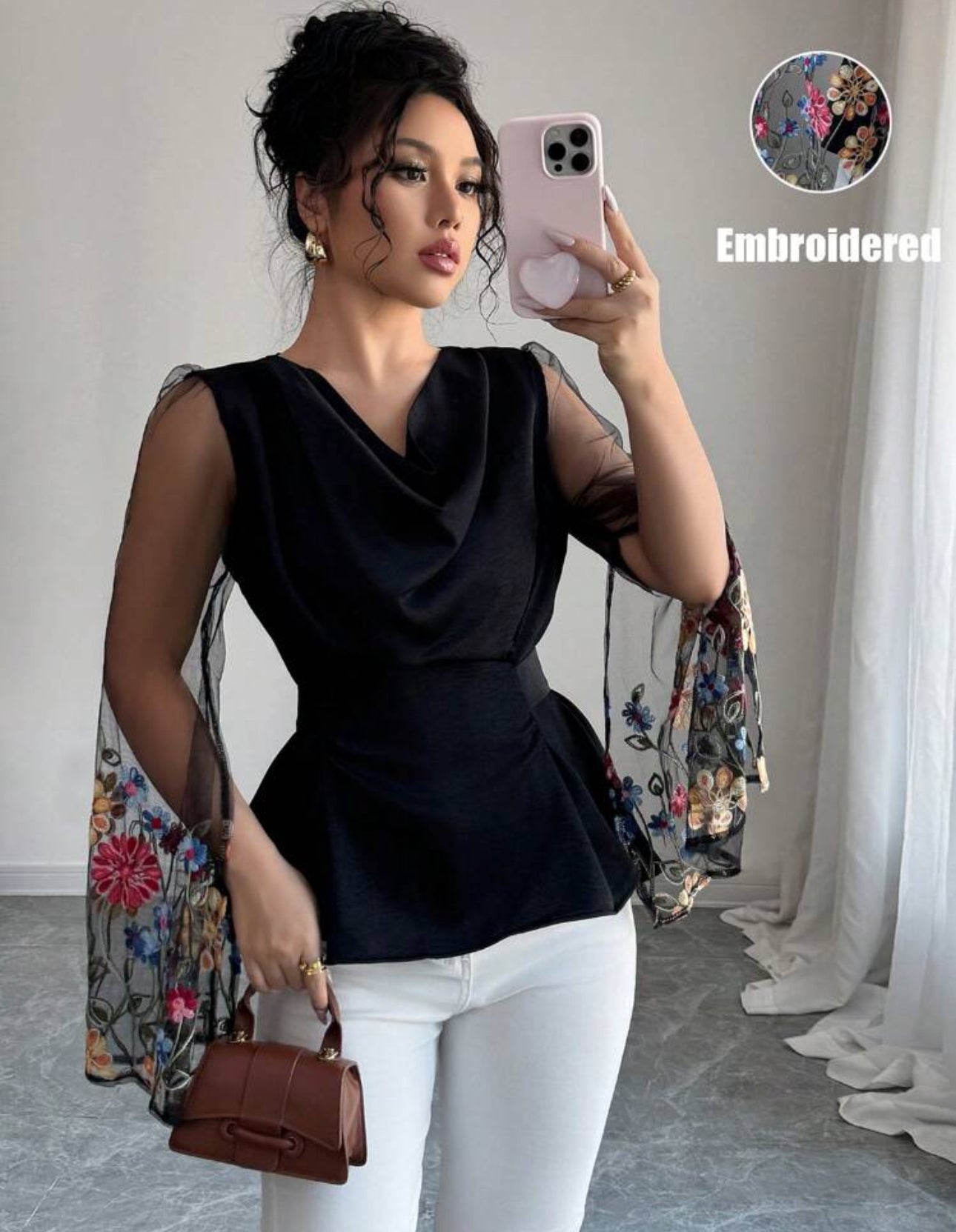 Shein Elegent Embroided Draped Neck Shirt