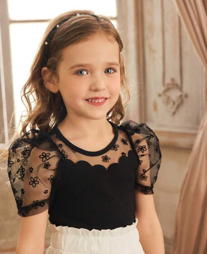 SHEIN Young Girls Round Neck Knitted Neck T shirt With Mesh