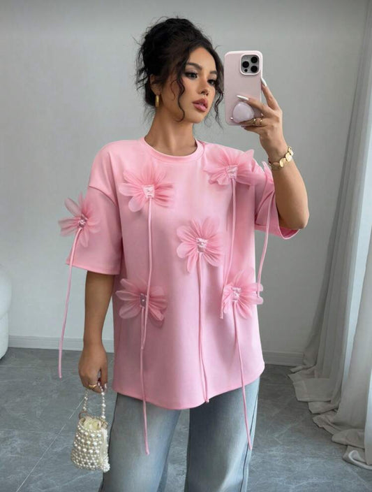 Shein Frech 3D Floral Pink Short Sleeve T Shirt