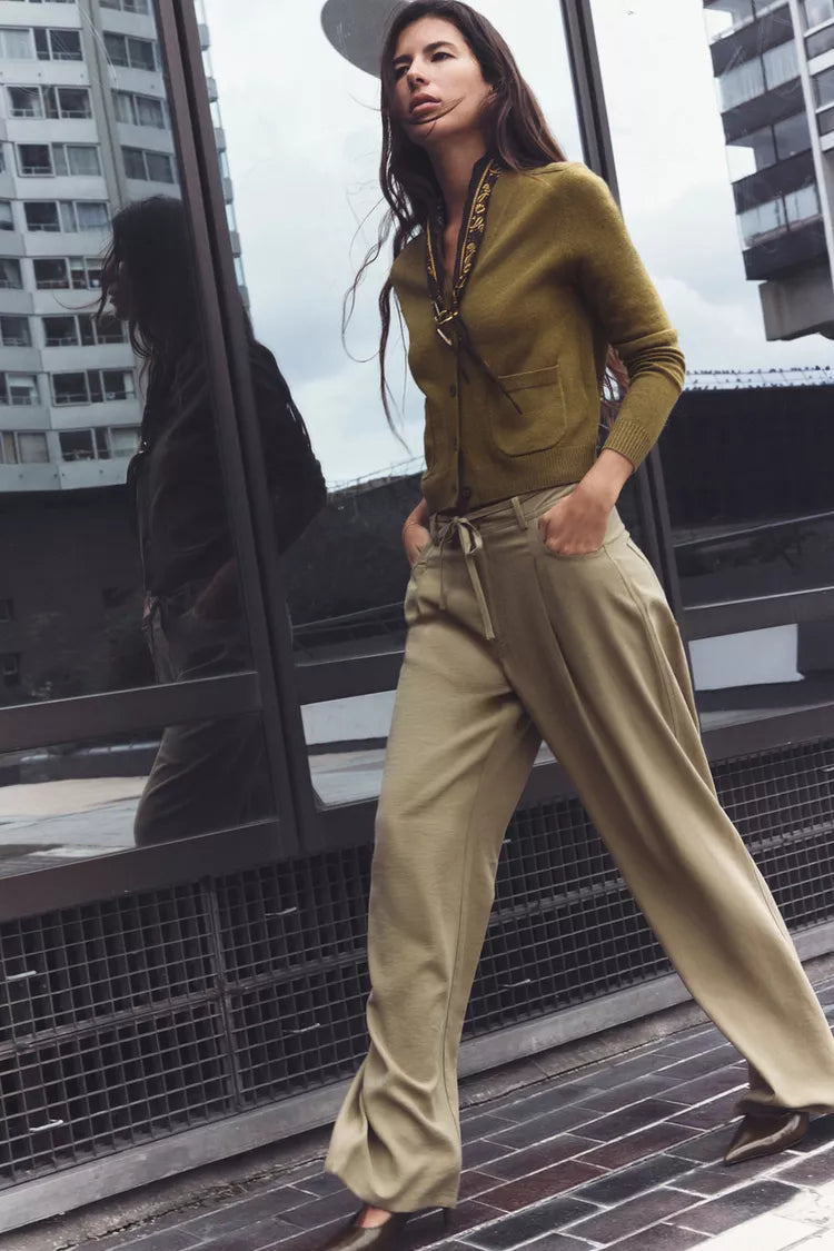 ZARA Wide Leg Trouser With Bow Belt -Dark Camel