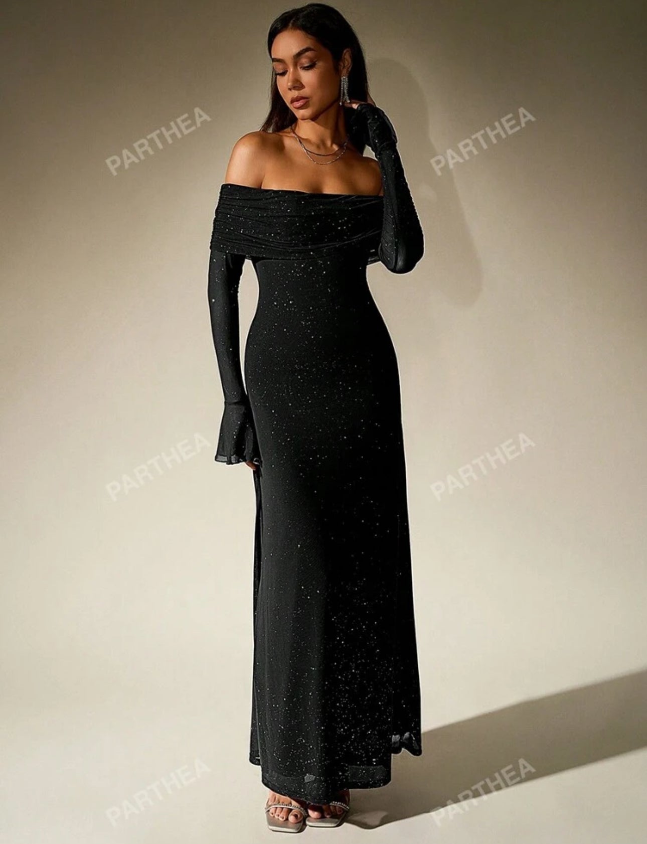 Shein Off shoulder Mesh Long Dress (Black)