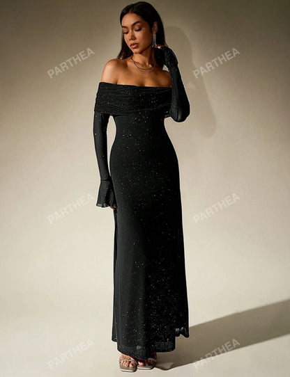 Shein Off shoulder Mesh Long Dress (Black)