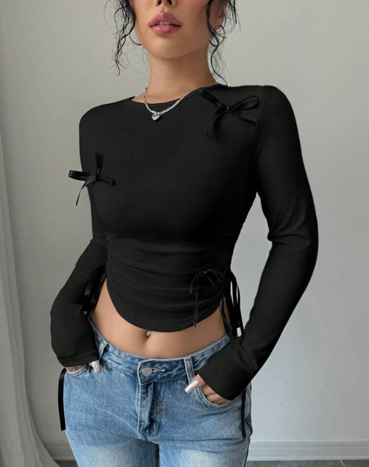Shein ChicEase Women Solid Color Bow Tie Drawstring T Shirt