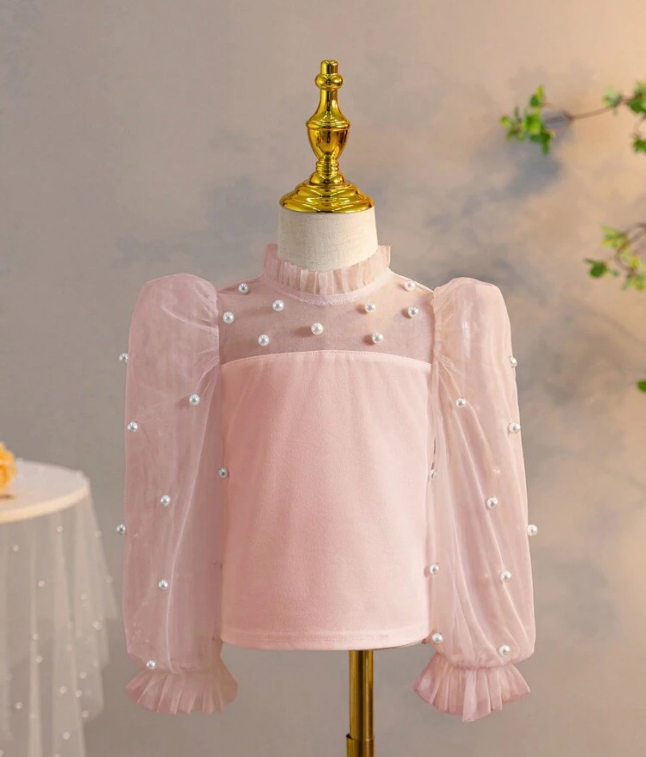 SHEIN Girls Pearl Décor Sheer Sleeve Stand collar Casual Blouse