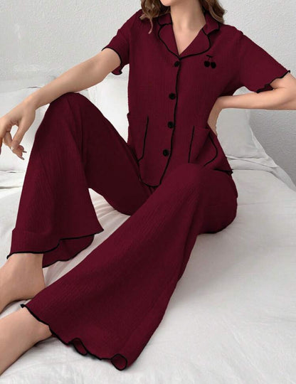 Shein Cherry Embriodery Contrast Trim Short Sleeve Night Suit (Burgundy)