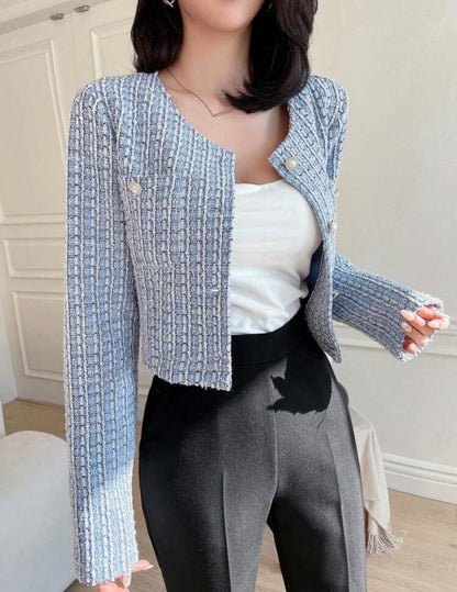 SHEIN Dazy Plaid Patteren Short Round Neckline Open Front Long Sleeve Shirt