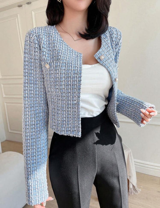 SHEIN Dazy Plaid Patteren Short Round Neckline Open Front Long Sleeve Shirt
