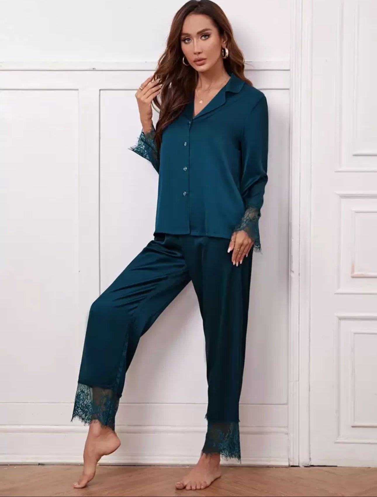 Shein Lace Panel Lapel Collar Satin Pajama Set (Blue)