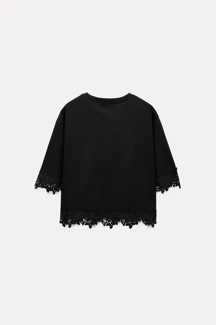 ZARA Lace Cotton T Shirt -Black