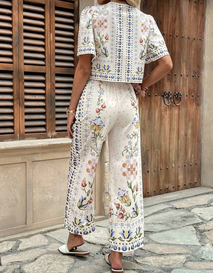 Shein Women Casual Vacation printed top And Wide Leg Pant Cord Set