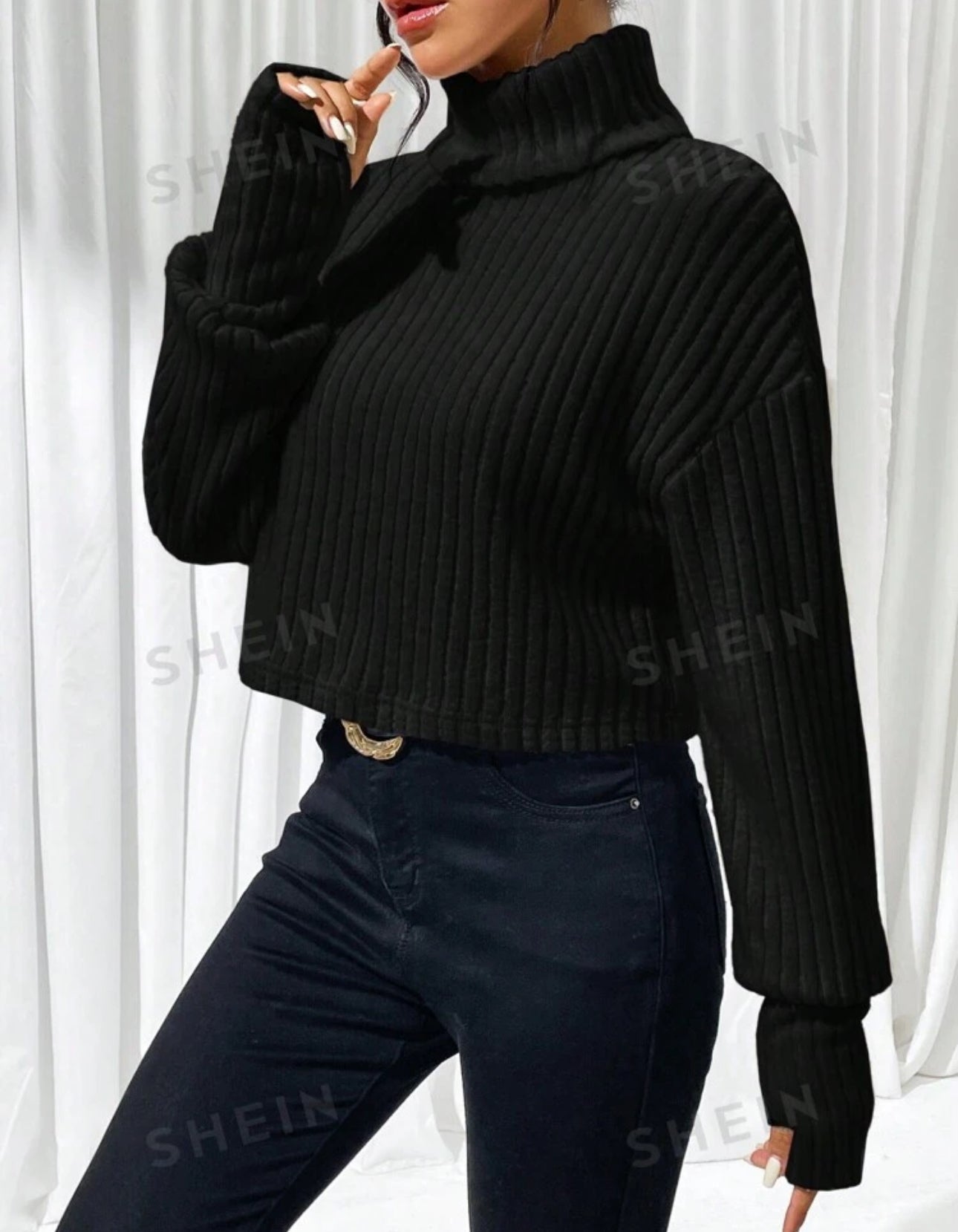 SHEIN Esscne Ladies Solid Color High Neck Drop Shoulder