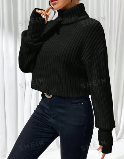 SHEIN Esscne Ladies Solid Color High Neck Drop Shoulder