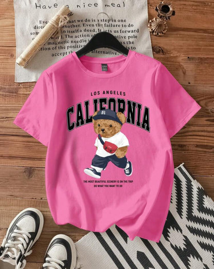 Shein Ez Wear Casual Minimalist Bear Print Round Neck T shirt (Pink)