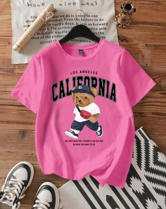 Shein Ez Wear Casual Minimalist Bear Print Round Neck T shirt (Pink)