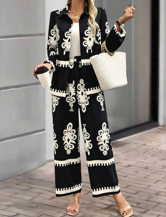 SHEIN  Classi Women Random Print Front Button Long Sleeve Cord-Set