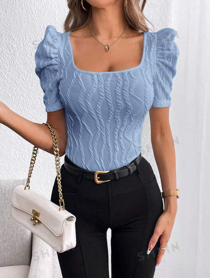 SHEIN Prive women square Neck short puff sleve t shirt