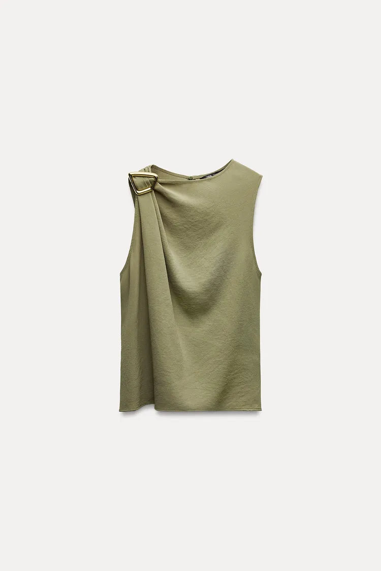 ZARA Flowing Top With Buckle -Khaki