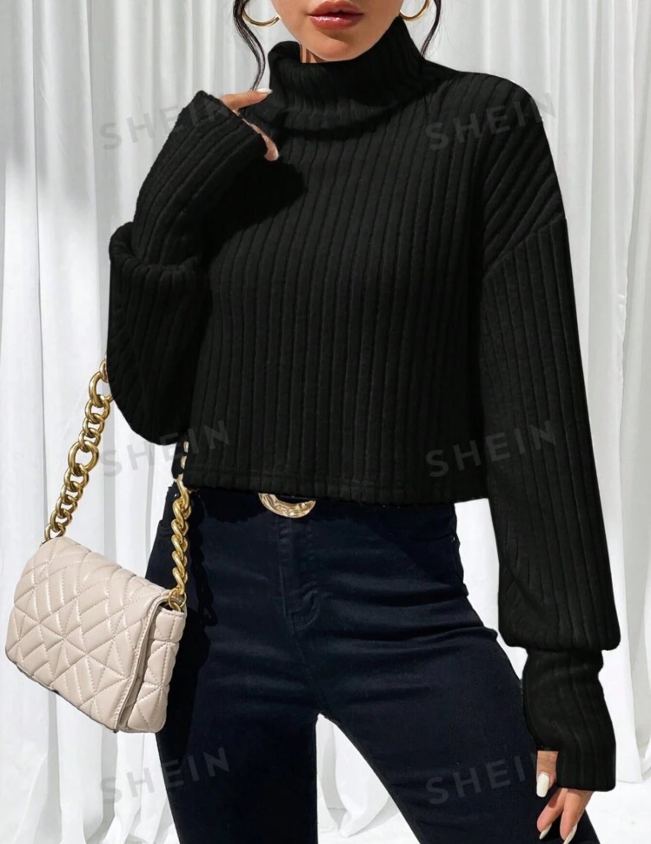 SHEIN Esscne Ladies Solid Color High Neck Drop Shoulder