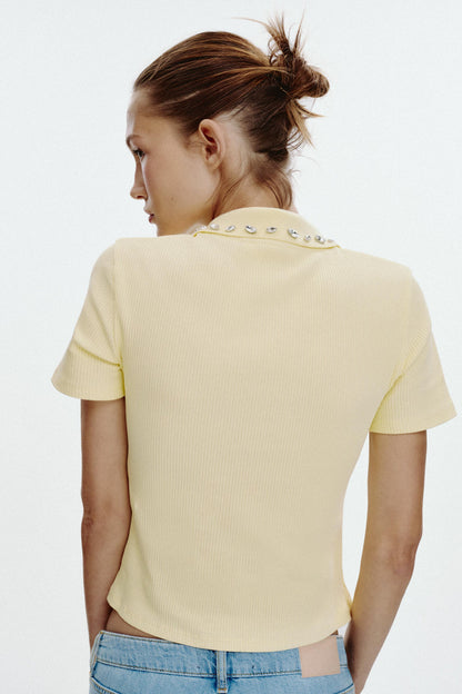 Zara Jewel Collar Ribbed Polo Yellow