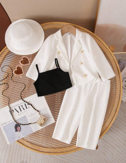 SHEIN Baby Girls Casual Solid Color Suit Collar Shirt (3pcs + Hat)