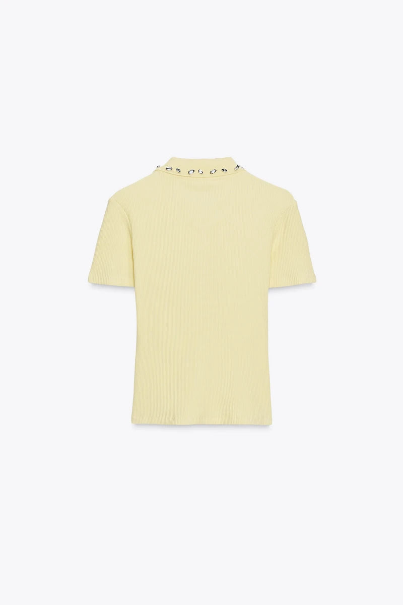 Zara Jewel Collar Ribbed Polo Yellow