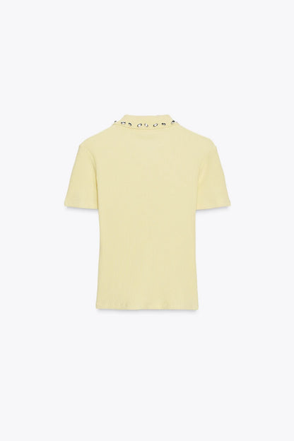 Zara Jewel Collar Ribbed Polo Yellow