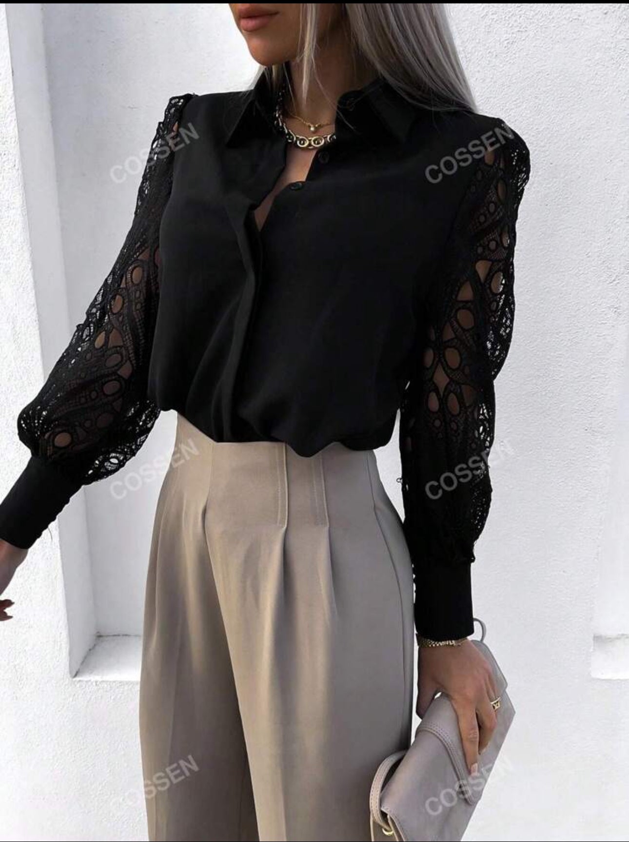 SHEIN Contrast Lace lantern Sleeve Shirt