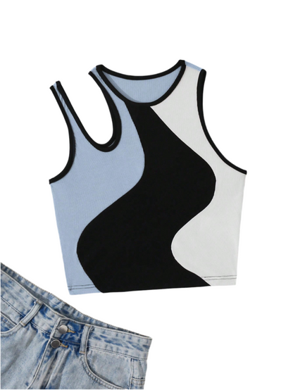 Contrast Color Sleeveless Top With Hollow Out Details