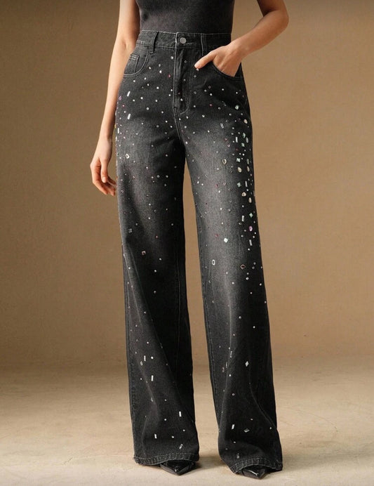 SHEIN Rhinestone Black Straight Leg Jeans