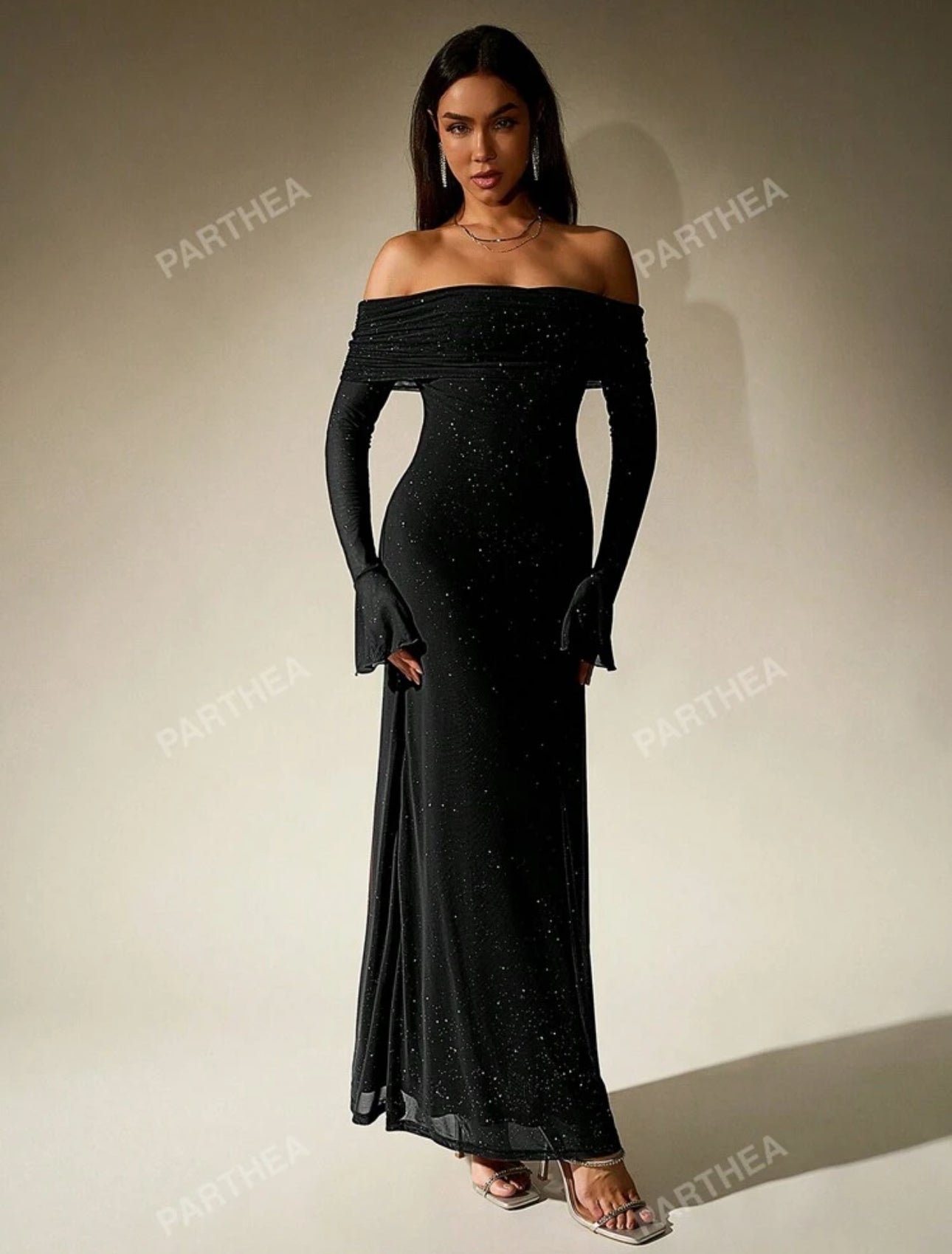 Shein Off shoulder Mesh Long Dress (Black)