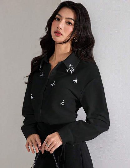 Shein Women Heiryn Elegent Rhinestone Decorated  Blouse