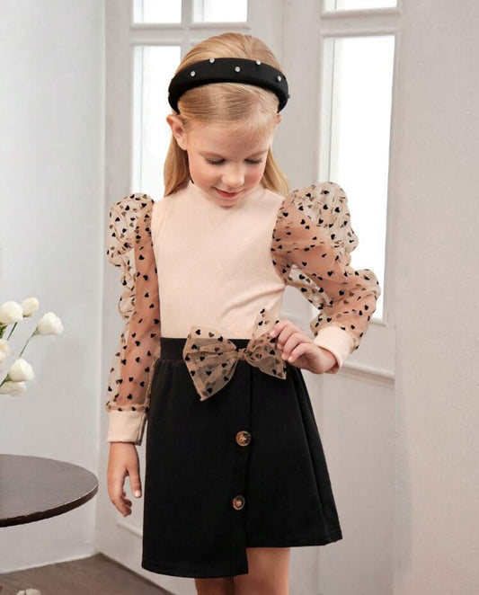 SHEIN Young Girls Contrast Doby Mesh Puff Sleeve Top Multicolor