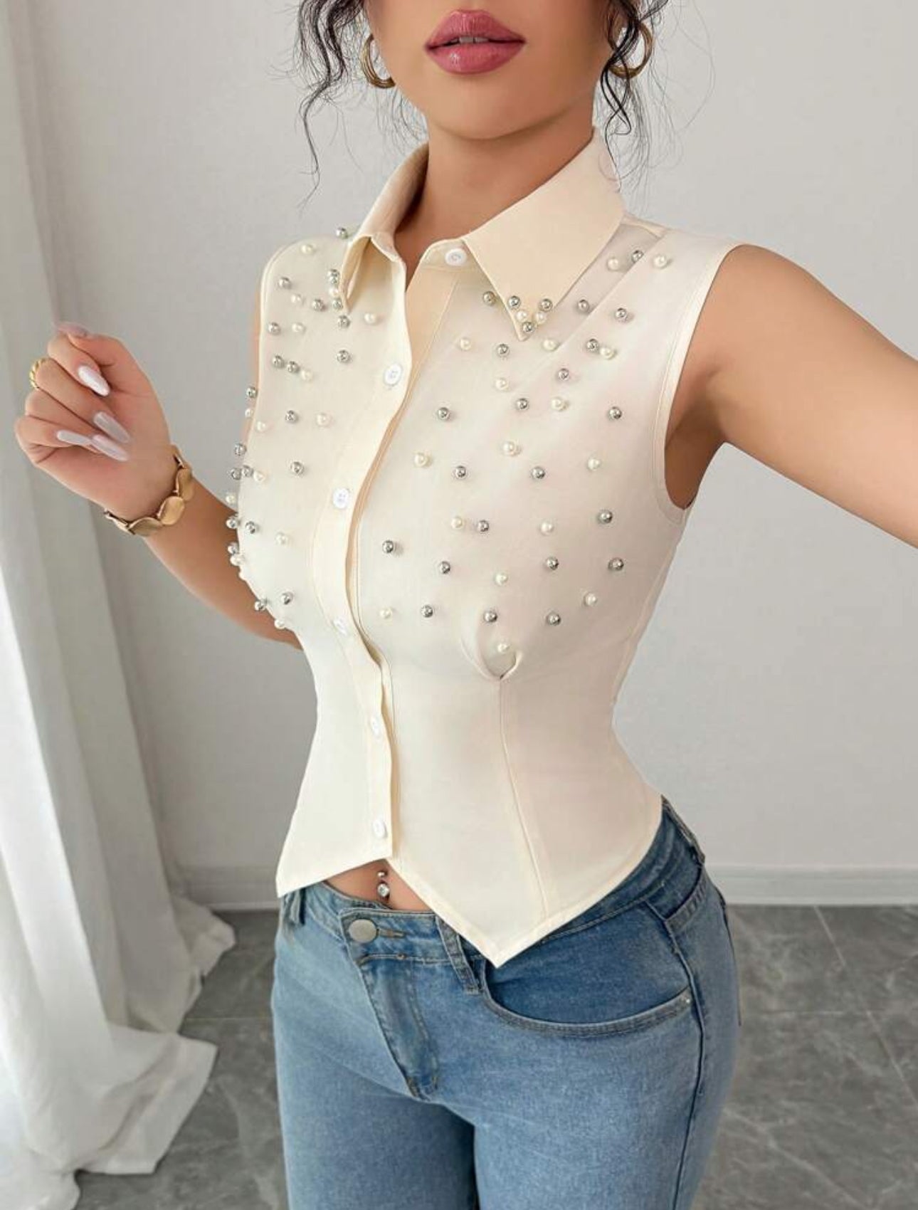 Shein Single Button Sleeveless Beaded Shirt