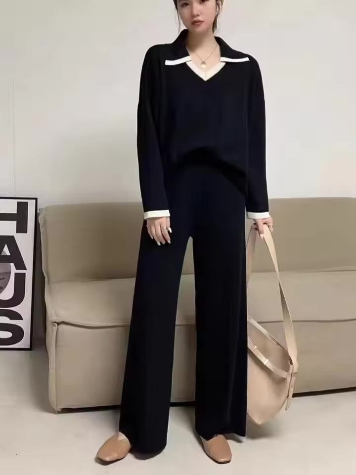 SHEIN Dazy 2pcs Sweater and Wide Leg Pants Cord Set Black