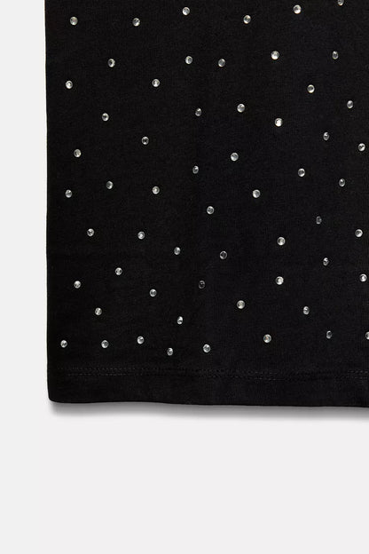 ZARA T-Shirt With Padded Shoulder & Rhinestones -Black