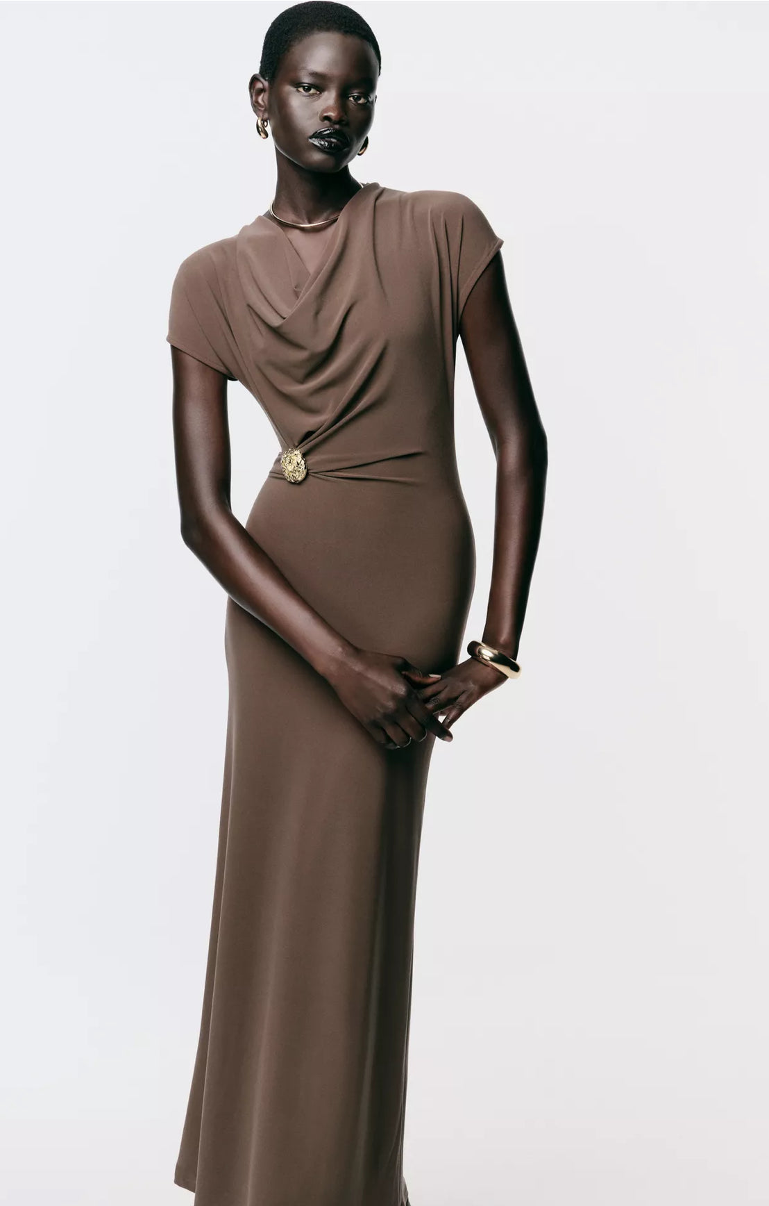 zara brown draped dress ZW COLLECTION DRAPED VOLUMINOUS DRESS - Brown
