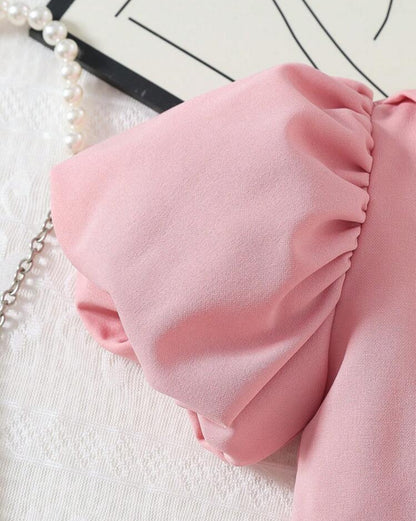 SHEIN Girls Elegent Waist Cinching V Neck Ruffled sleeve