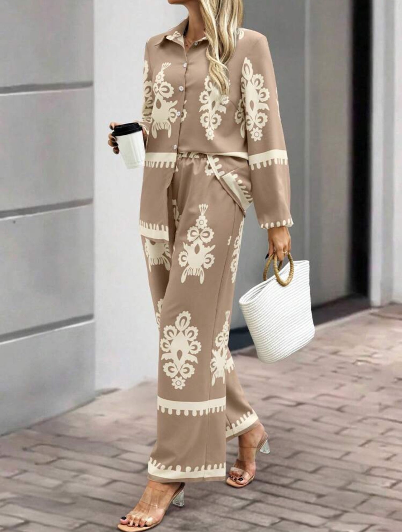 SHEIN  Shein Lune Women Front Button Long Sleeve Printed cord-set