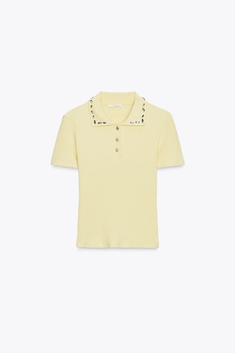 Zara Jewel Collar Ribbed Polo Yellow