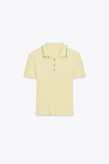 Zara Jewel Collar Ribbed Polo Yellow