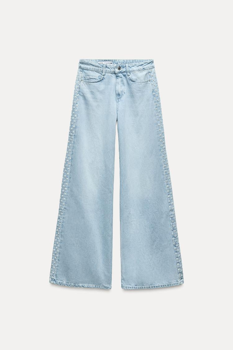ZARA Wide Leg High Waist jeans With cutwork Embroidery -Mid Blue