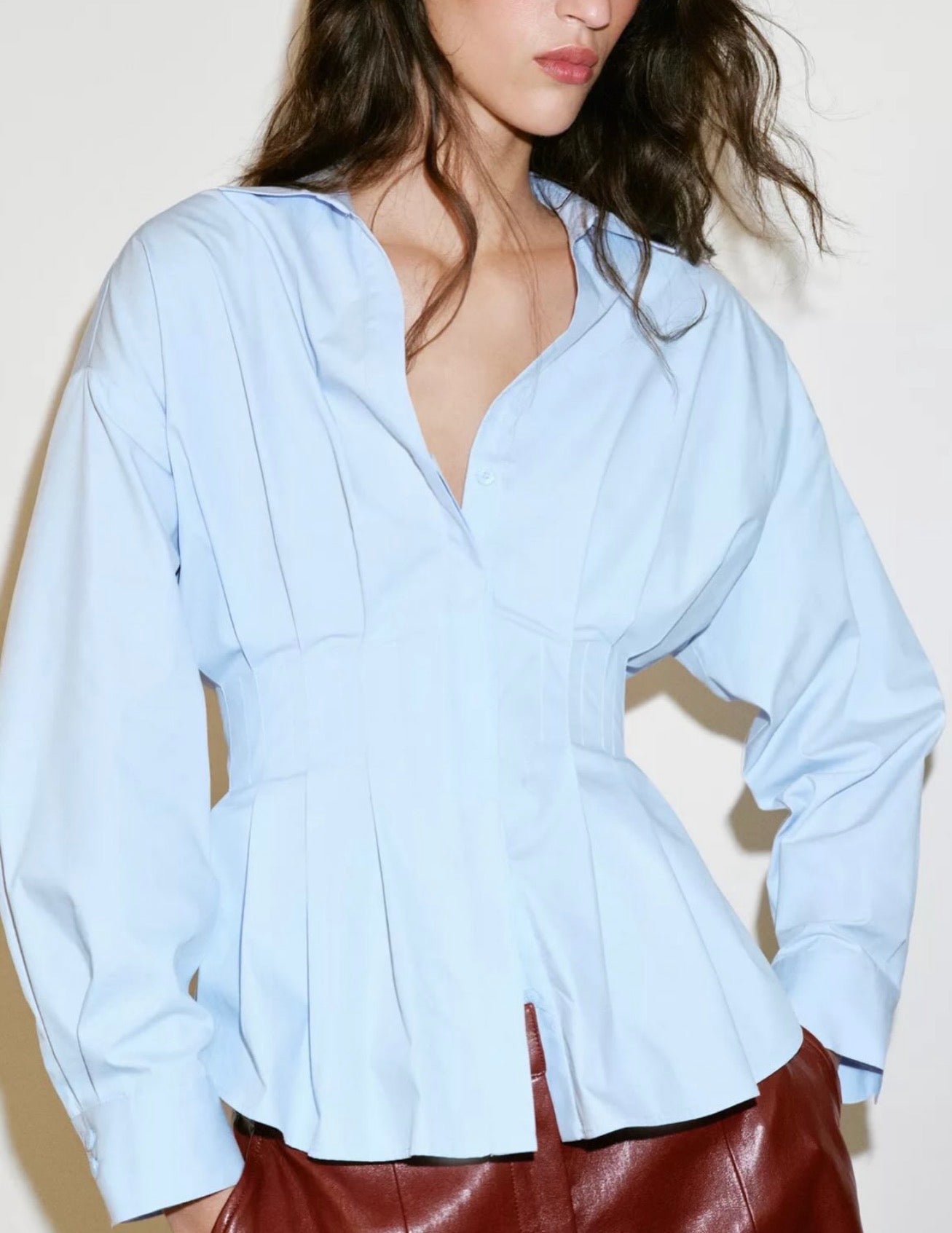 Zara Roplih Blouse Pleated Shirt -Blue
