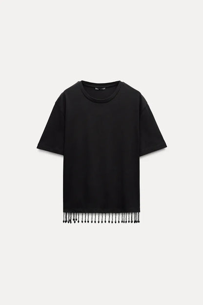 ZARA Jewel Fringe T Shirt - Black