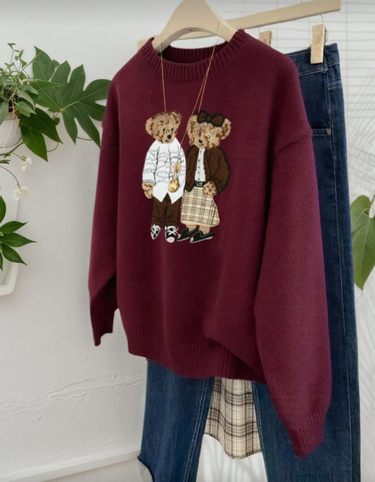 SHEIN Cartoon Bear Embroided loose Sweater WINE