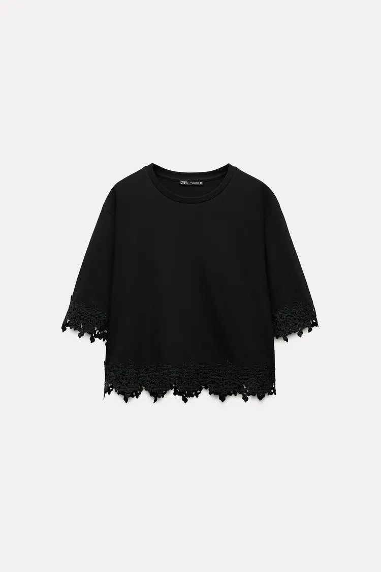 ZARA Lace Cotton T Shirt -Black