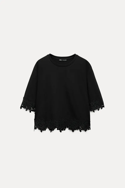 ZARA Lace Cotton T Shirt -Black