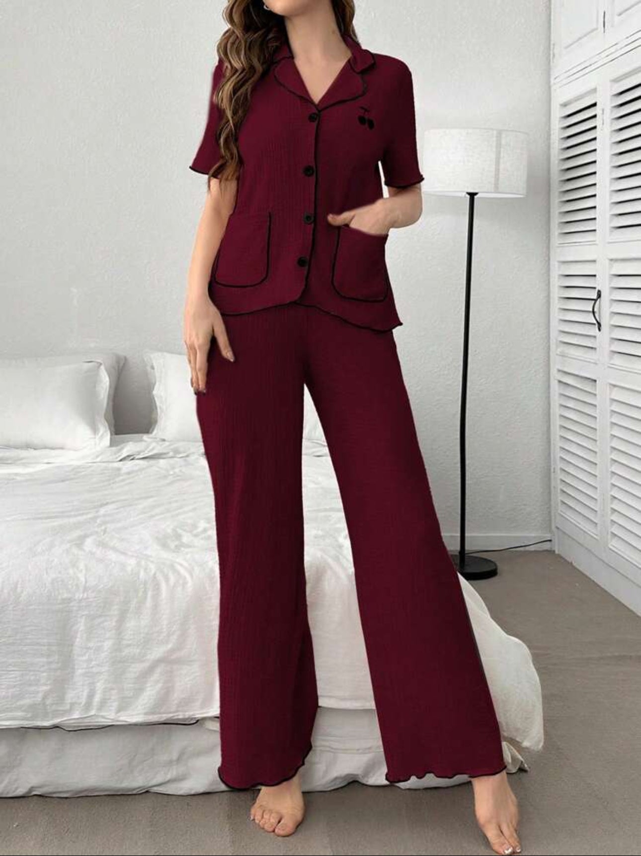 Shein Cherry Embriodery Contrast Trim Short Sleeve Night Suit (Burgundy)