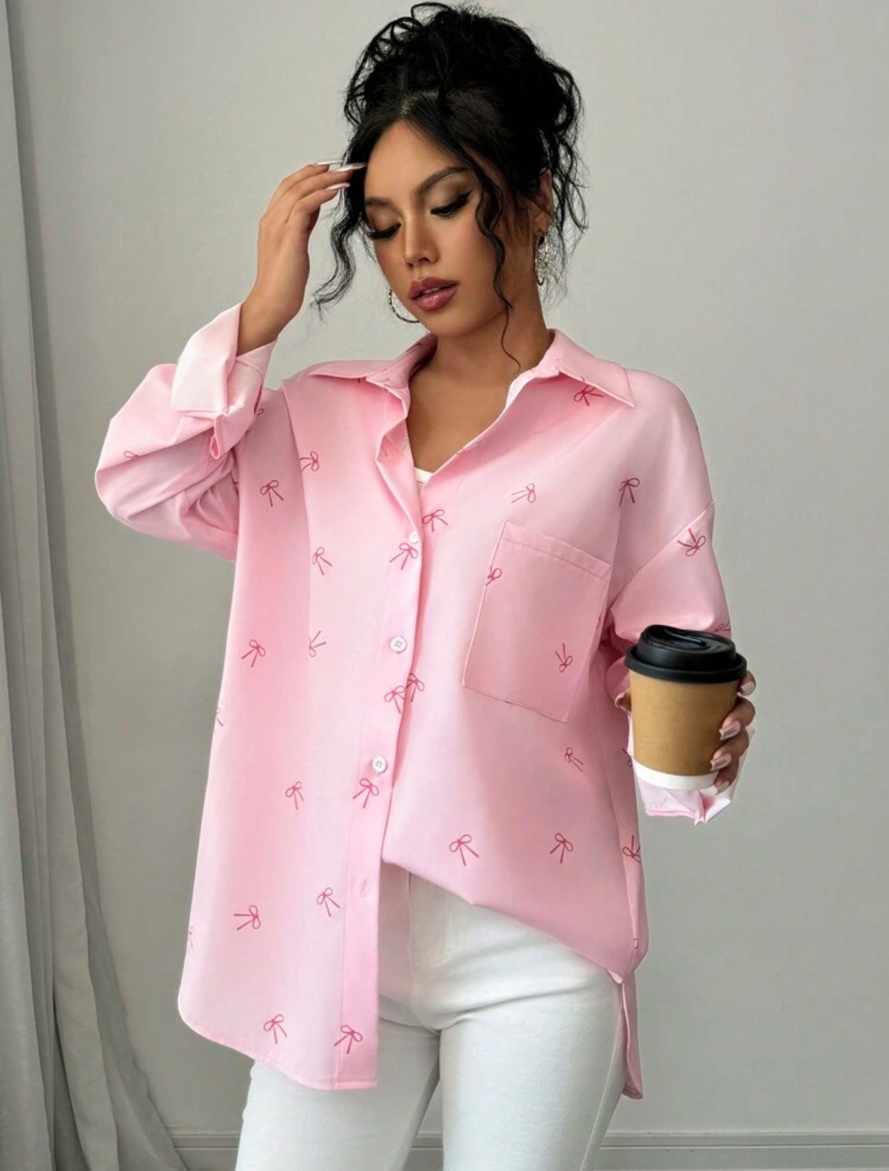 Shein Chicease Women Pink Butterfly Print Drop Shoulder Shirt