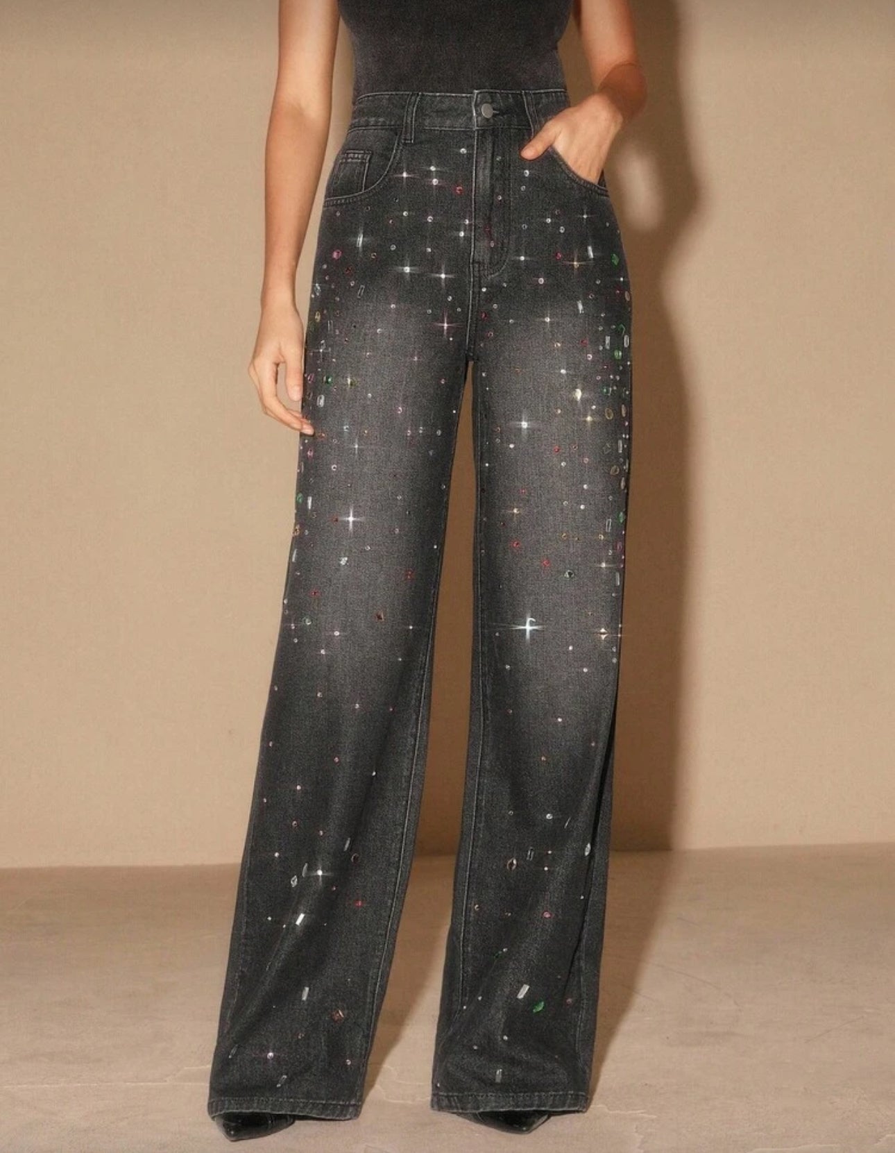 SHEIN Rhinestone Black Straight Leg Jeans